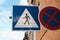 Crosswalk or sign for drivers. Sign or symbol parking is forbidden also restriction of speed. Concede movement for