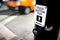 Crosswalk Sign and Orange Taxi