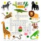 Crossword africa animals. Kids zoo african crossword for school children, words searching game