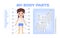 Crossword Puzzle for Children. Parts of My Body. Cute Girl and Test for Kids. Template and Blank for Educational Game, for School