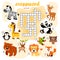 Crossword puzzle game of animals. Panda, fox, deer, bear, owl, giraffe, lion, zebra, monkey, parrot, penguin