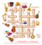 Crossword puzzle game with musical instruments. Learn French. Educational page for children to study French language and words.