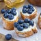 Crostini with ricotta cheese, blueberries and honey on parchment paper, square