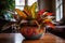 Croton With Colorful, Variegated Leaves In A Bold And Vibrant Ceramic Pot In A Colorful And Eclectic Apartment. Generative AI