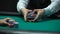 Croupier dealing cards on green table, poker player checking combination