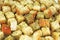 Crouton croutons as background texture. Closeup background. Food photo.