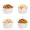 Croutons collection - wheat, rye sliced bread in white ceramics bowls, isolated.