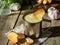 Croutons dipped in cream soup mashed, with potatoes and cauliflower in a metal mug. Wooden rustic table in the daytime sunlight.