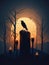 A crow perched atop a withered tree illuminated by a lone candle's light. Gothic art. AI generation