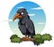 Crow perching on tree branch in cartoon style