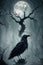 A crow or raven in front of a the moon in a mysterious and chilling atmosphere