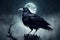 A crow or raven in front of a the moon on a tree branch in a mysterious and chilling atmosphere