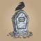 Crow sits on ancient tombstone pop art raster