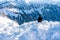 Crow standing on deep snow in winter with mountain backgrounds. Yellow-billed Chough. Alpine Chough. Pyrrhocorax graculus. Rochers