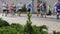 Crowd of athletes running at the marathon in background