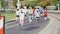 Crowd of athletes running at the marathon blur slow motion