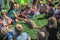 Crowd of Children petting a rabbit