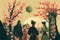 Crowd Chinese people in the city of China with plum blossom trees background. People lifestyles and culture concept. Digital art