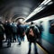 Crowd of commuters in a city subway system, motion blurred