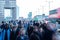 Crowd Of Commuters Walking To Work Across London Bridge UK With Motion Blur Effect