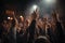 Crowd at concert, close up of hands with raised up, Peoples closeup rear view raising their hands, AI Generated