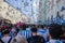 Crowd Football fans on Nikolskaya street in center Moscow