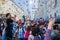 Crowd Football fans on Nikolskaya street in center Moscow