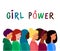 A crowd of girls of various nationalities, different skin and hair colors, standing in profile. Lettering girl power.