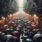 Crowd holding umbrellas in the rain.