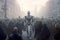 Crowd of humanoid robots commute with humans in the city. Generative AI