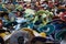 Crowd of masked people wearing colorful charros hats at mexican carnival