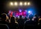 Crowd at music concert, people silhouettes backlit by stage lights.