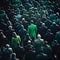 a crowd of people in black suits and only one person in green, generative AI