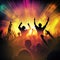 crowd of people dancing on dancefloor, silhouette in nightclub raises hands, lively rave party event for young people created by