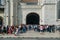 Crowd of people at entrance of Hieronymites Monastery or Mosteiro dos Jeronimos. The monastery is one of the city`s main