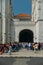 Crowd of people at entrance of Hieronymites Monastery or Mosteiro dos Jeronimos. The monastery is one of the city`s main