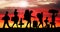 Crowd people migration at sunrise. Silhouette vector illustration Clipping mask