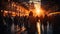 Crowd of people, pedestrians on the background of the evening street of the big city