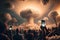 Crowd of people photographing mushroom cloud. Neural network AI generated