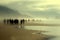 A crowd of people in silhouette walking a misty beach.