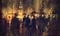 Crowd of people with umbrellas at night