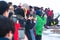 A crowd of people waiting for Strokkur geyser eruption