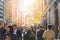 Crowd of people walking along Fifth Avenue at the intersection of West 42nd Street in Manhattan, New York City