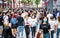 Crowd of people wearing surgical face mask on the 2020 China national day and first day of golden week holidays in Jianghan