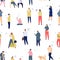 Crowd with phones seamless pattern. Walking people using smartphones and gadgets. Mobile lifestyle and communication