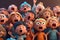 A crowd of screaming children in cartoon movie style illustration refers to a playful and whimsical depiction of a group