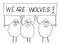 Crowd of Sheep Holding We Are Wolves Sign, Vector Cartoon Illustration