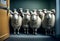 A crowd of sheep look out the open door. Job interview queue. AI generated