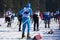 The crowd of skiers exploded of the ski resort Gorky Gorod in the winter day