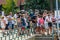 Crowd of tourists with masks ready to board the ship in the summer during the Covid 19 pandemic.